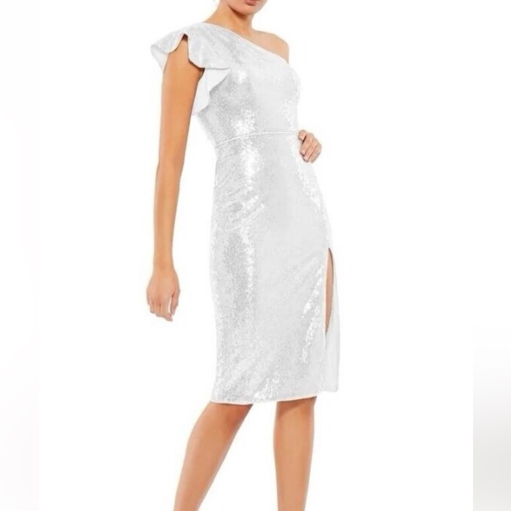 NWT Mac Duggal Sz 0 One Shoulder White Sequin Dress 70162